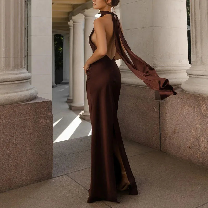 Trendy Woman Clothes 2025 Spring Sexy Solid Satin Slim Bodycon Long Dress New Summer Halter Ribbon Backless Hollow Evening Dress