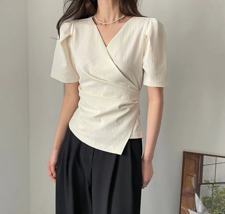 Women Blouse 2026 Spring Summer Solid Tucked V Neck Slim Blouse Elegant Short Sleeve Asymmetrical Top For Women Hot Sale