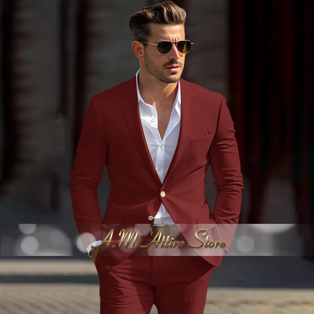 Men's linen suit 2-piece peak lapel jacket pants for summer beach wedding groom prom party tailor-made casual formal outfit