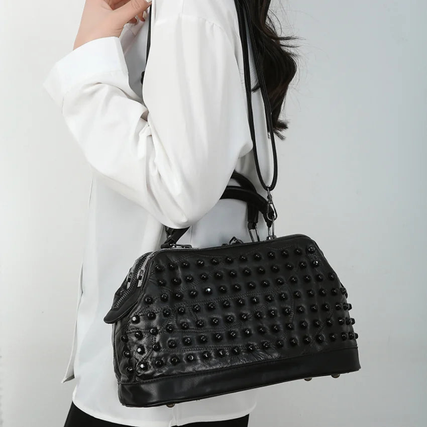 Soft Sheepskin Handbag for Women Rivet Shoulder Bag Punk Style Travel Crossbody Purse Office High-quality Handbag Leather Bag