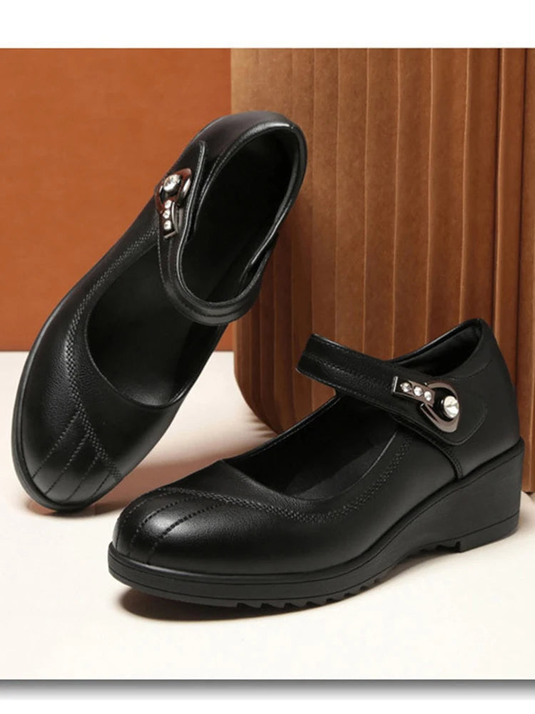 Women's Wedge Anti-slip  Ankle Strap Casual Office Comfortable Soft Leather Shallow Mouth Mom Shoes  Middle-aged Elderly