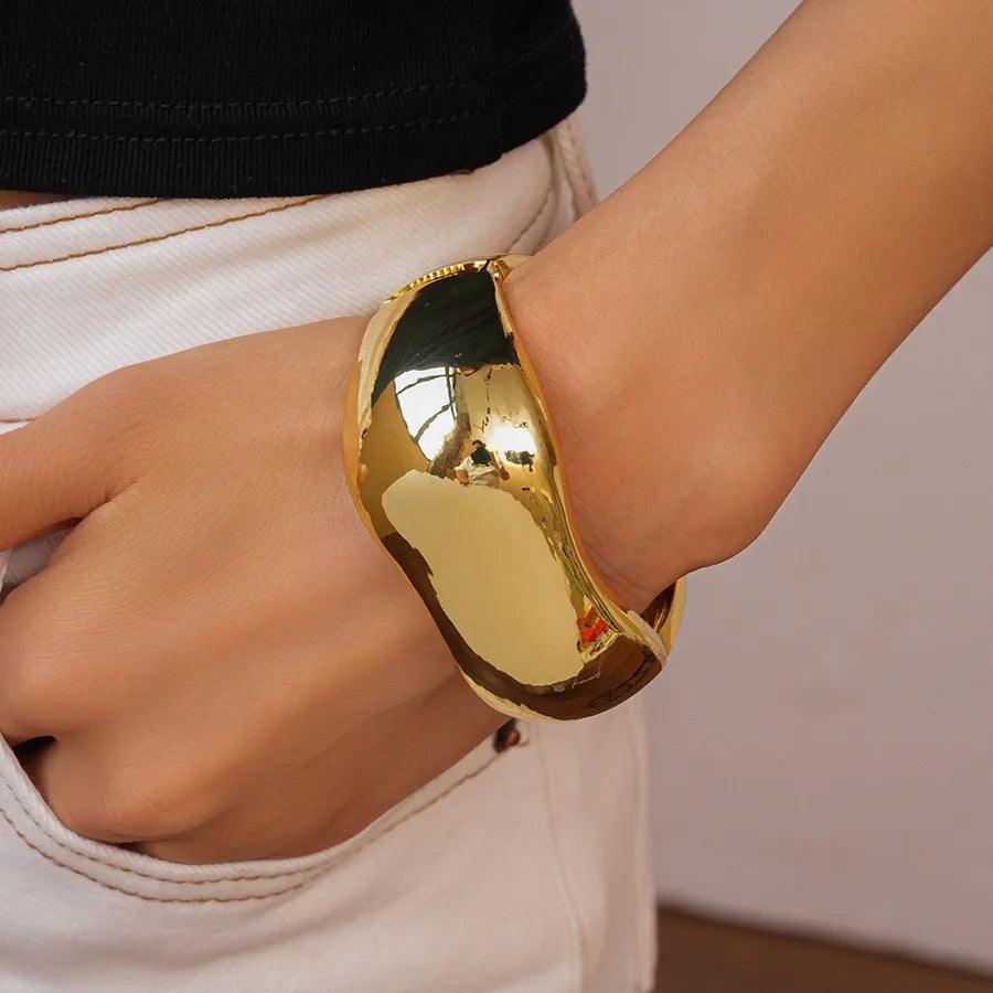 Golden Rock Geometric Metal Wide Open Bangles Statement Large Spring Cuff Bracelets Unisex Massive Party Jewelry Gifts New F