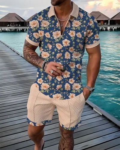 Men's Polo Tracksuit Set Summer Fashion Men Short Sleeve Zipper Polo Shirt&Shorts Set for Men Casual Streetwear 2 Piece Suit