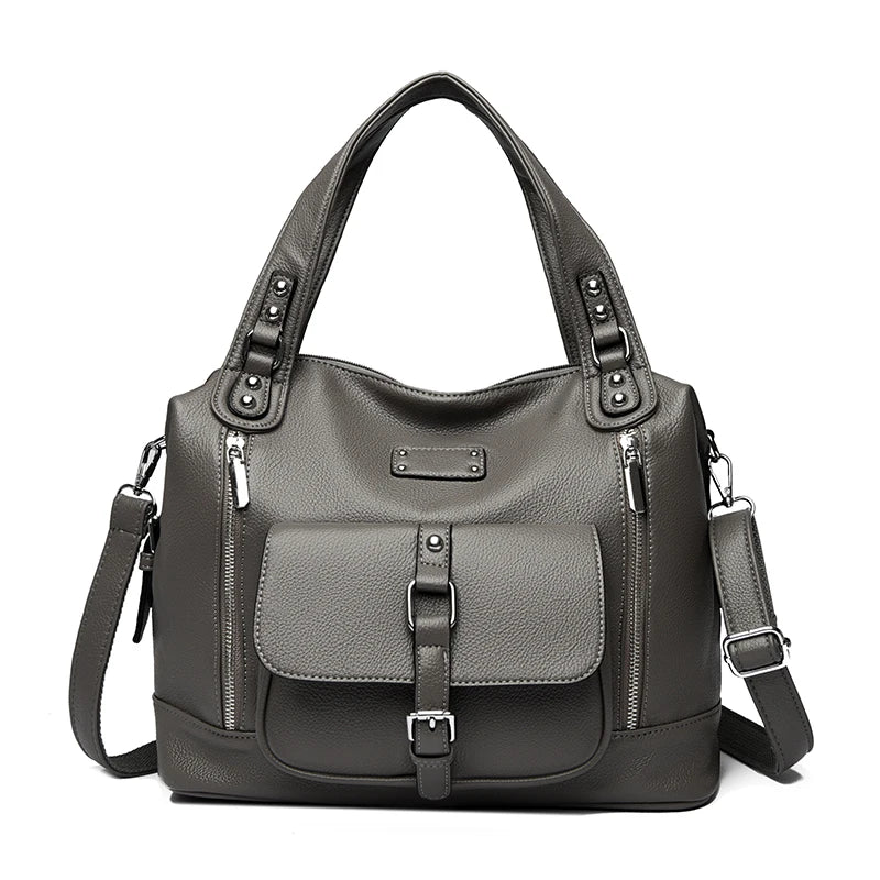 Women's Casual Tote Soft Leather Handbag Luxury Designer Shoulder Crossbody Hand Bag Ladies Shopping Sac Front Double Zipper