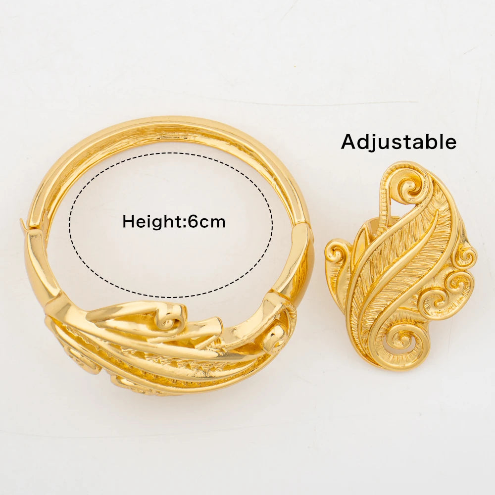 4Set Luxury Bangle Ring For Women Dubai Gold Color Bracelet France Jewelry Set Arabic African Adjustable Ring Party Wedding Gift