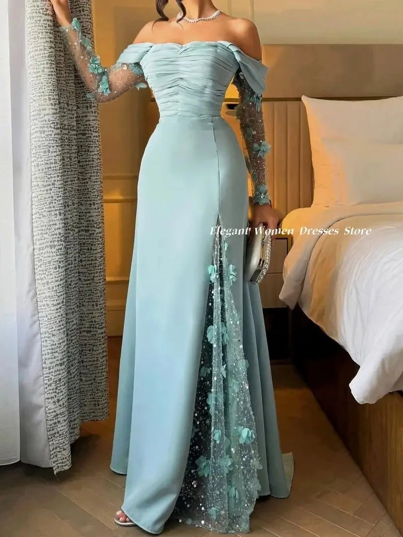 Women‘s Evening Dresses with Appliques Sky Blue Prom Dress Sexy Slit Party Dress vestidos de fiesta elegantes Customized