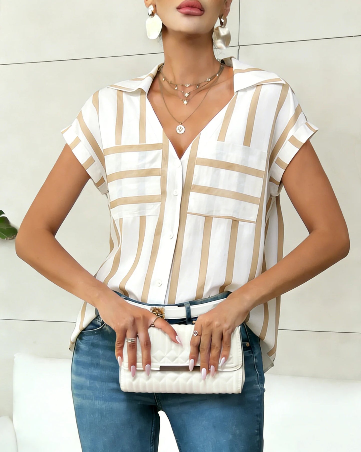 Women's Blouse Shirt Summer Top Navy White Top Vertical Stripe V Neck Short Sleeve Sleek Stylish Daily Shirt Casual Tops