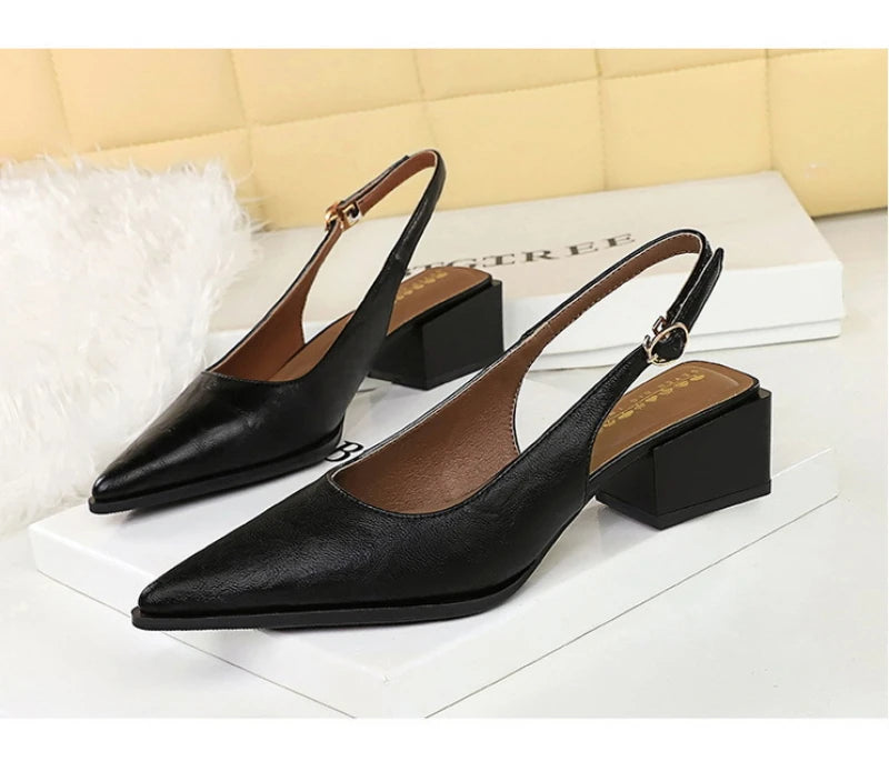 Simple And High-End Women's Shoes With Thick Heels Shallow Mouth Pointed Toe Slim Pedicures With Empty Back Tripping Mid-Heeled