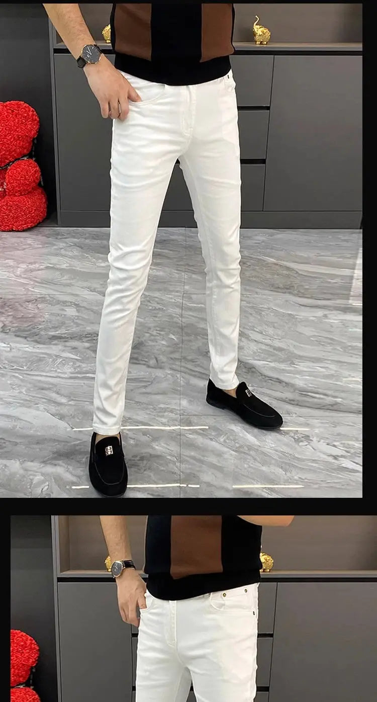 White Jeans Men's European Goods 2025 Summer New Fashion Motorcycle Boots Simple Slim Fit Elastic Versatile Small Feet Trousers