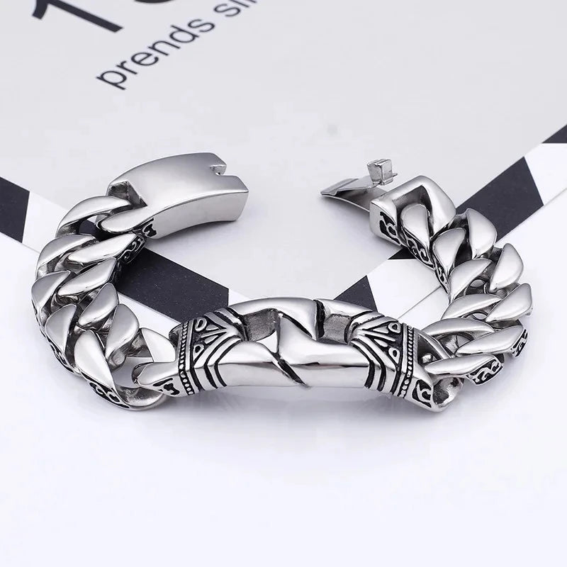 Men's titanium steel bracelets with personalized retro punk style patterns and portrait castings ,featuring decorative borders.