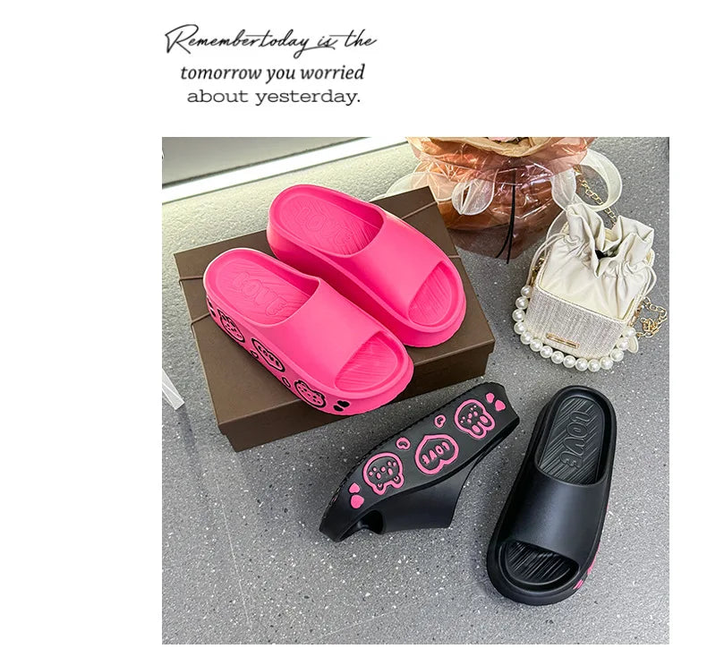 EVA Thick-soled Slippers for Women Outdoor Fashion Print Wedge Platform Slides Woman Sandals 2025 Non-Slip Soft Sole Beach Shoes
