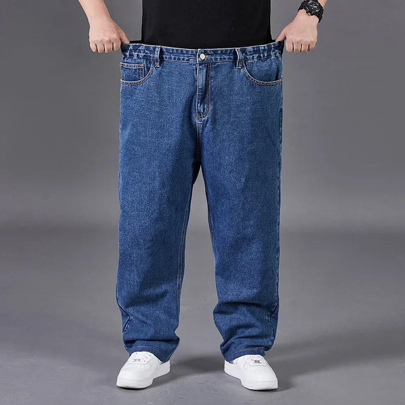 Autumn Thin Denim Jeans Men Plus Size Loose Straight Leg Sport Pants Fat Guy Elastic Long Trendy Trousers Black Grey Blue Jeans