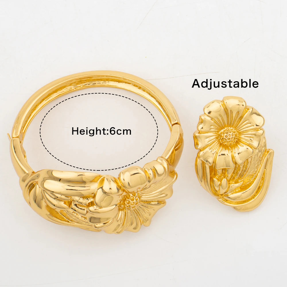 4Set Luxury Bangle Ring For Women Dubai Gold Color Bracelet France Jewelry Set Arabic African Adjustable Ring Party Wedding Gift