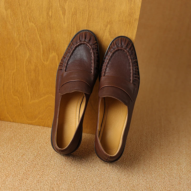 Women Shoes Spring Simple Shoes Soft Flats Slip On Girl Pleated Footwear Handmade Round Toe Genuine Leather Cozy Vintage Shoes