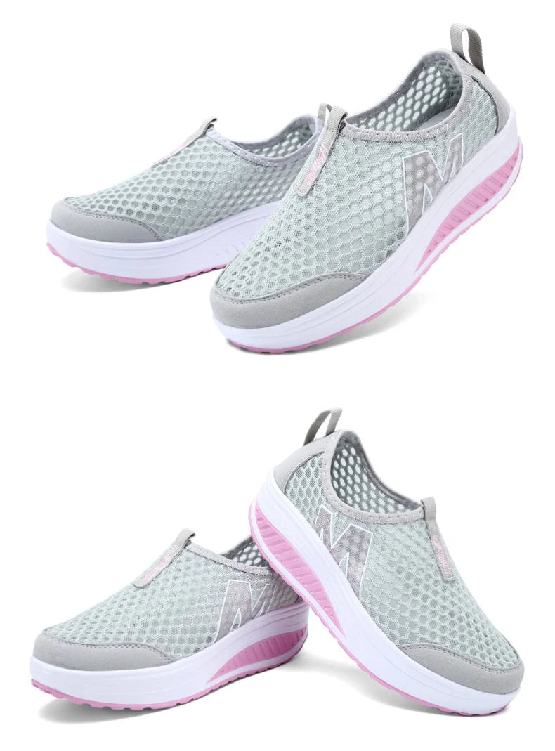 Women Mesh Flat Shoes Sneakers Women Swing Wedge Hollowed Out Slip-on Shoes Women Platform Breathable Lightweigt Vulcanization