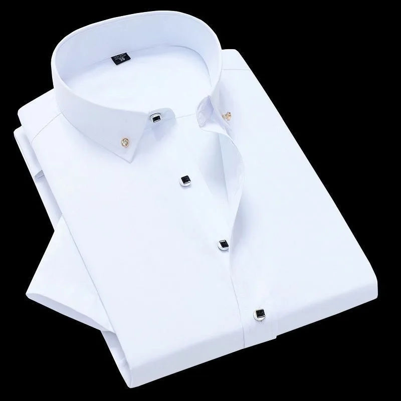 High Quality Non-ironing Mens Dress Shirt Short Sleeve New Solid Male Clothing Fit Business Shirts White Black Blue Navy Red