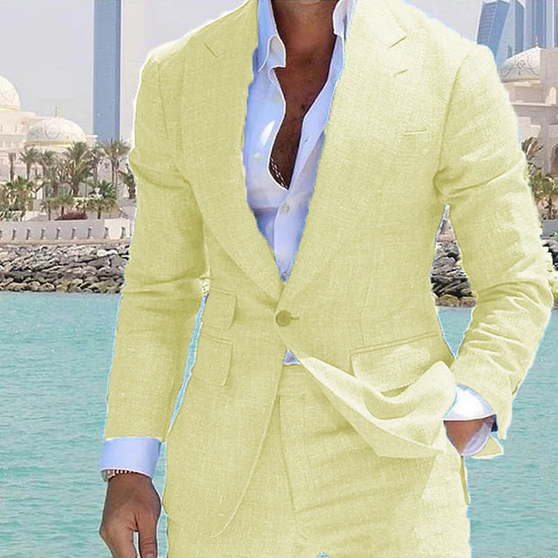 Men's Suit 2 Piece Set Linen Lapel Slim Fit Single Button Casual Comfortable Suit Formal Groom Best Man Dress Elegant and Stylis