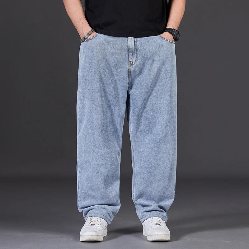 Autumn Thin Denim Jeans Men Plus Size Loose Straight Leg Sport Pants Fat Guy Elastic Long Trendy Trousers Black Grey Blue Jeans