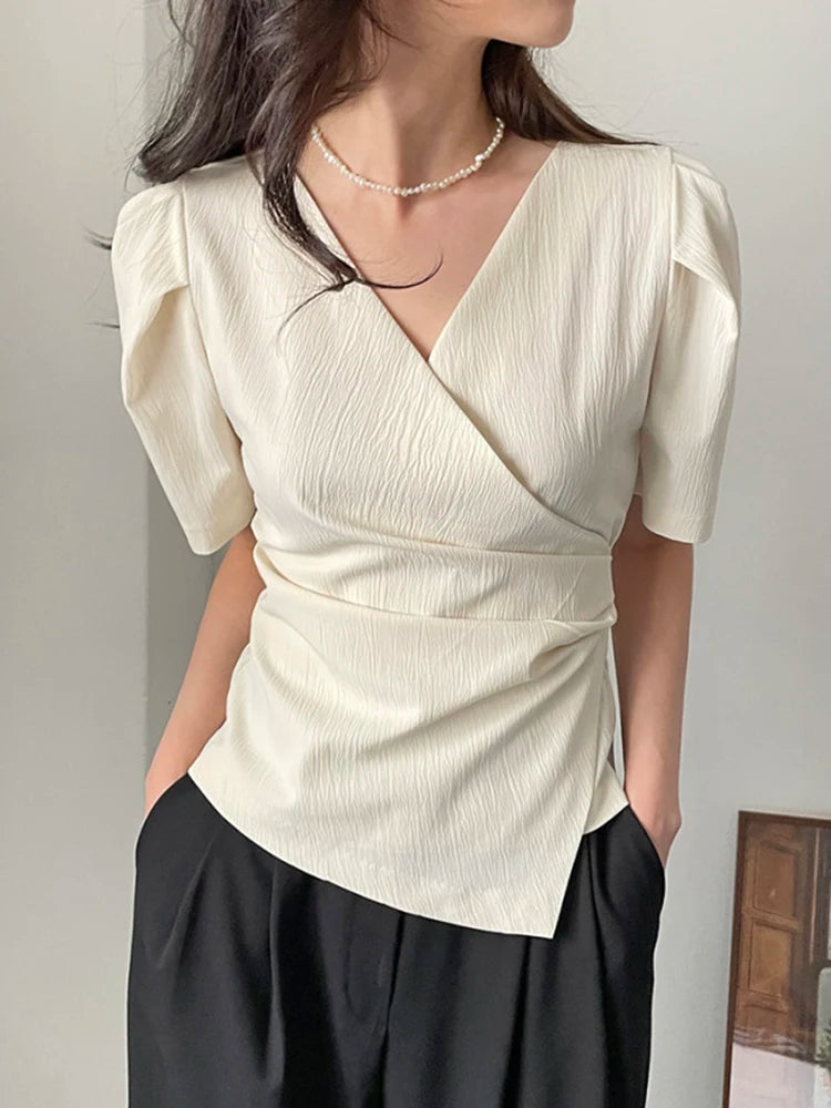 Women Blouse 2026 Spring Summer Solid Tucked V Neck Slim Blouse Elegant Short Sleeve Asymmetrical Top For Women Hot Sale