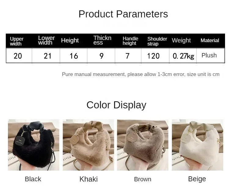 Women Faux Fur Plush Handbags Ruched Handle Small Lady Shoulder Crossbody Bag Casual Tote Half-Moon Hobos Winter Bags for Women