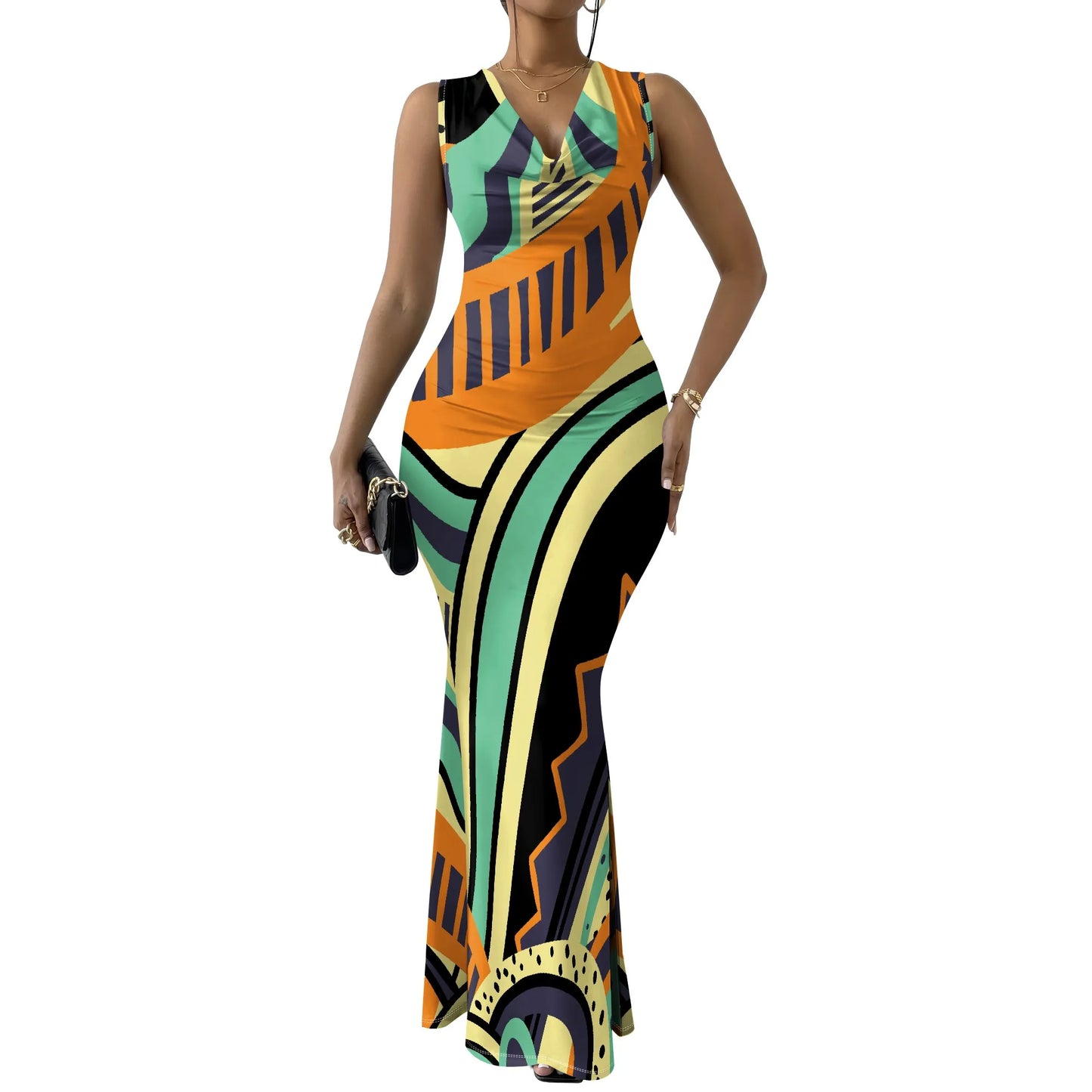 Womens Sexy Casual Dresses Colorful Geometric Off-Shoulder Maxi Dress  Artistic Party Evening Resortwear Swing Neck Dress