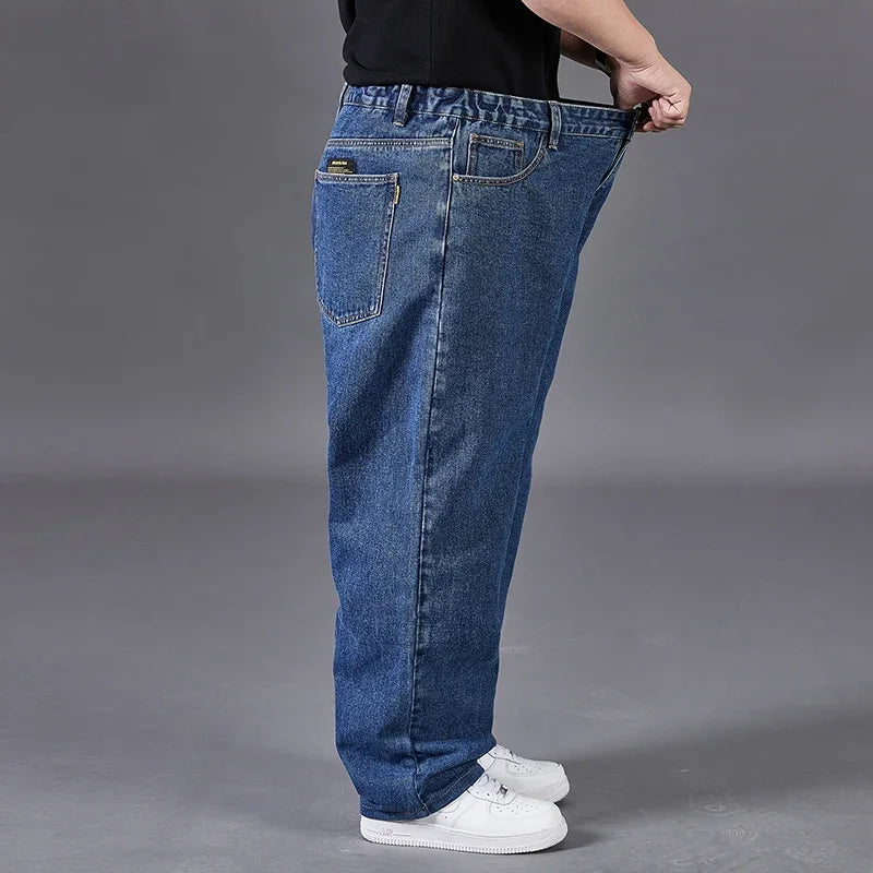 Autumn Thin Denim Jeans Men Plus Size Loose Straight Leg Sport Pants Fat Guy Elastic Long Trendy Trousers Black Grey Blue Jeans