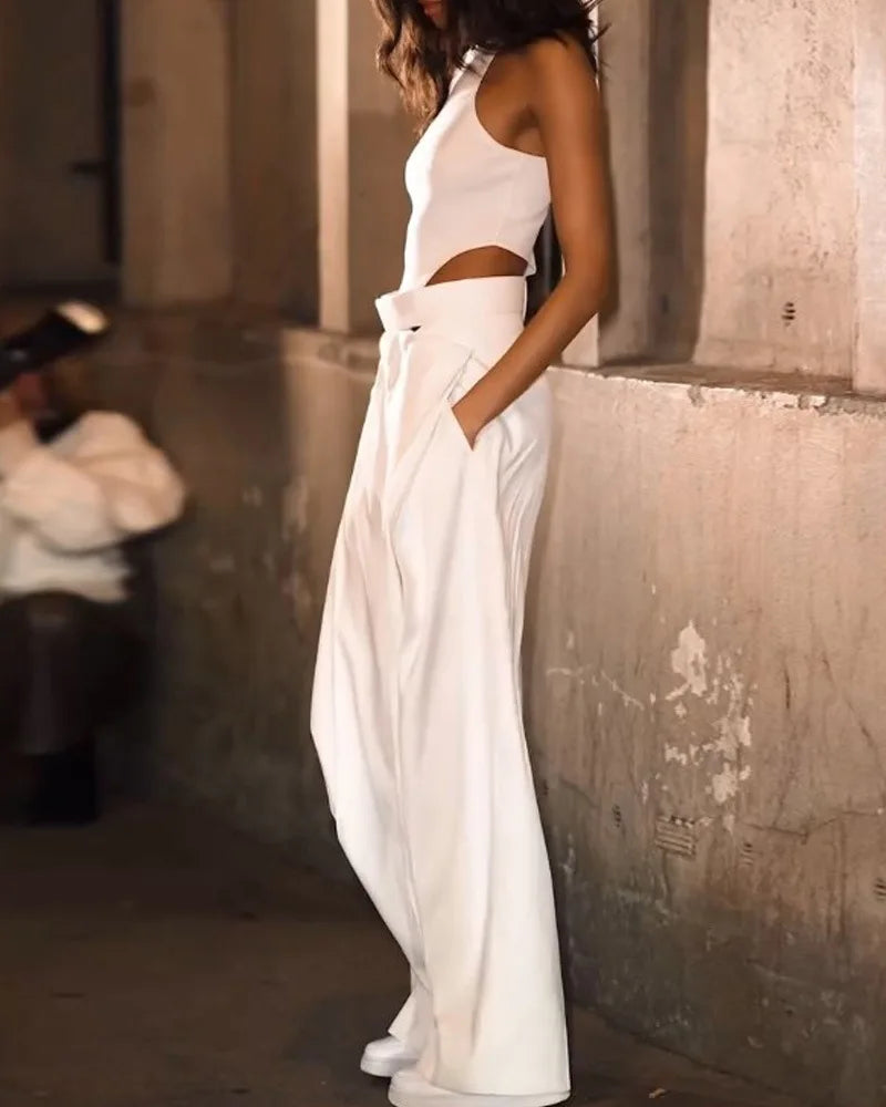 Fashion Jumpsuits For Women Summer O Neck Sleeveless Hollow Out Slim White Wide Leg Jumpsuit Girl High Street Chic Sexy Jumpsuit