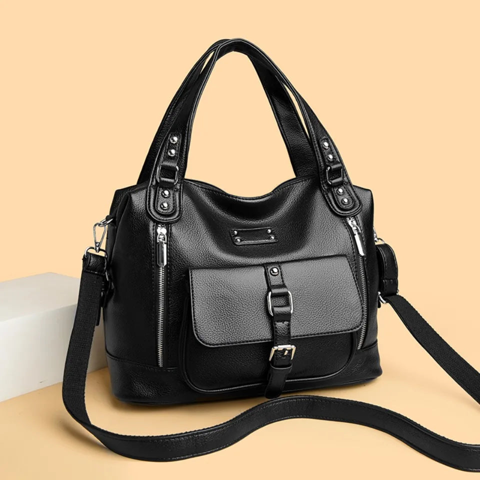 Women's Casual Tote Soft Leather Handbag Luxury Designer Shoulder Crossbody Hand Bag Ladies Shopping Sac Front Double Zipper