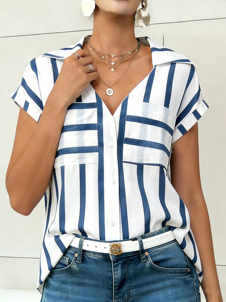 Women's Blouse Shirt Summer Top Navy White Top Vertical Stripe V Neck Short Sleeve Sleek Stylish Daily Shirt Casual Tops