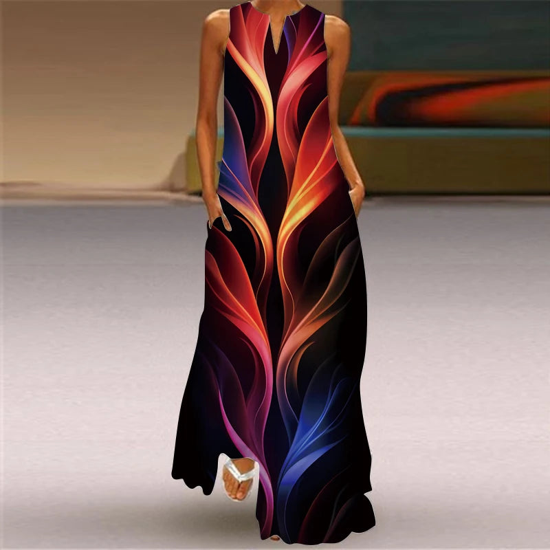 Elegant Dresses for Woman 3D Printed Dresses Summer Sleeveless V-Neck Long Dress Ladies Casual Elegant Beach Party Maxi Dresses