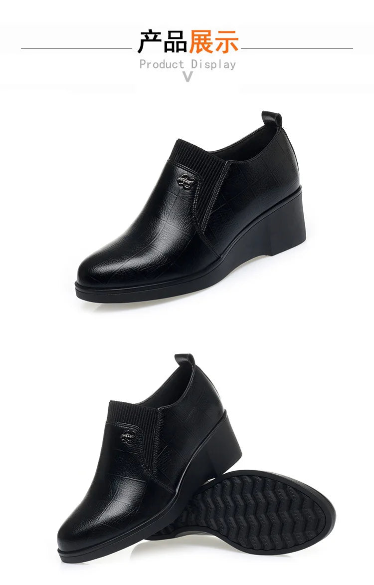 Wedge Heel Leather Shoes for Women 2025 New Soft Sole Design Versatile and Comfortable Solid Color Casual Pumps Women's Shoes