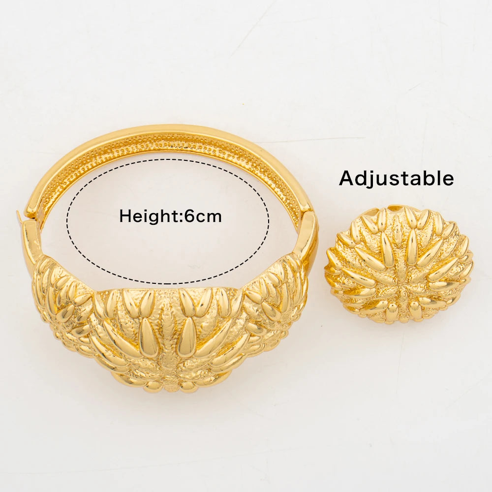 4Set Luxury Bangle Ring For Women Dubai Gold Color Bracelet France Jewelry Set Arabic African Adjustable Ring Party Wedding Gift