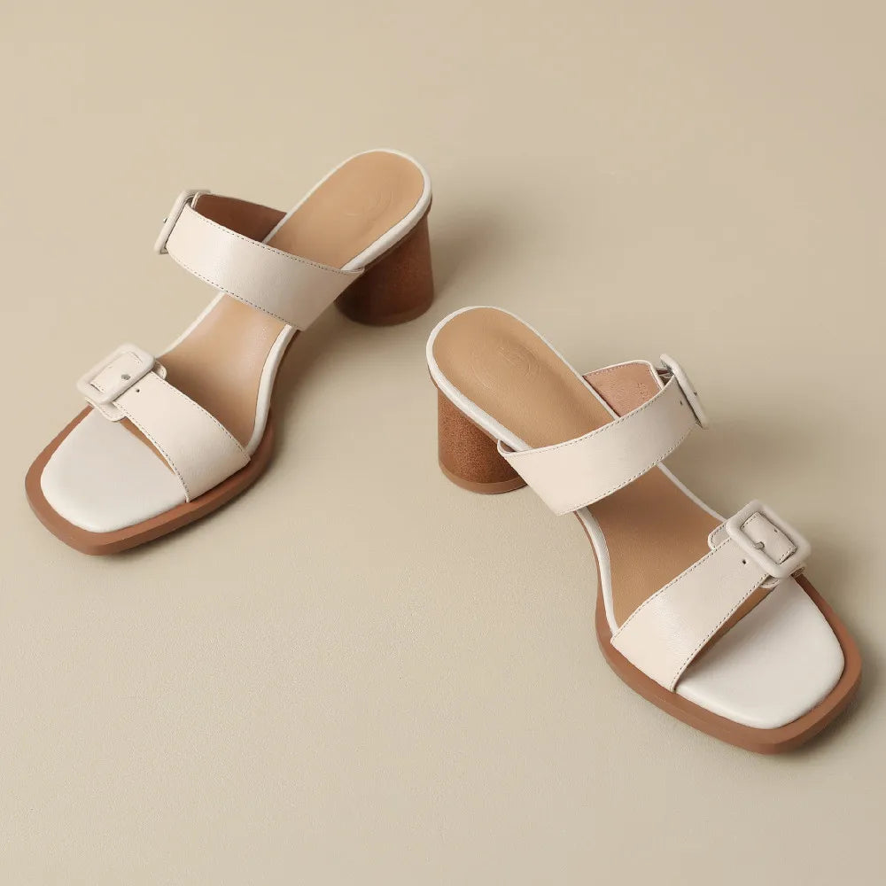 Women's sandals summer 2023 cow leather double metal belt 5.5cm thick med heel slip-on slippers elegant ladies slim daily pumps