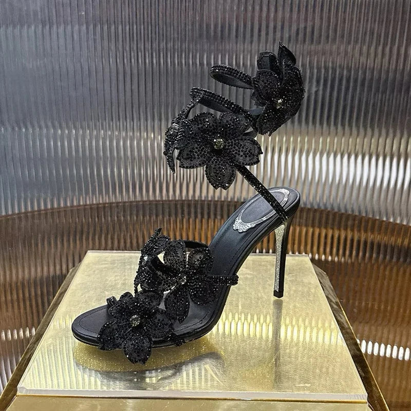 Sandalias Women Rhinestone Flower Decor Dress Shoes Snake Shaped Elastic Strap Thin High Heels Sandals Summer Bridesmaid Shoes