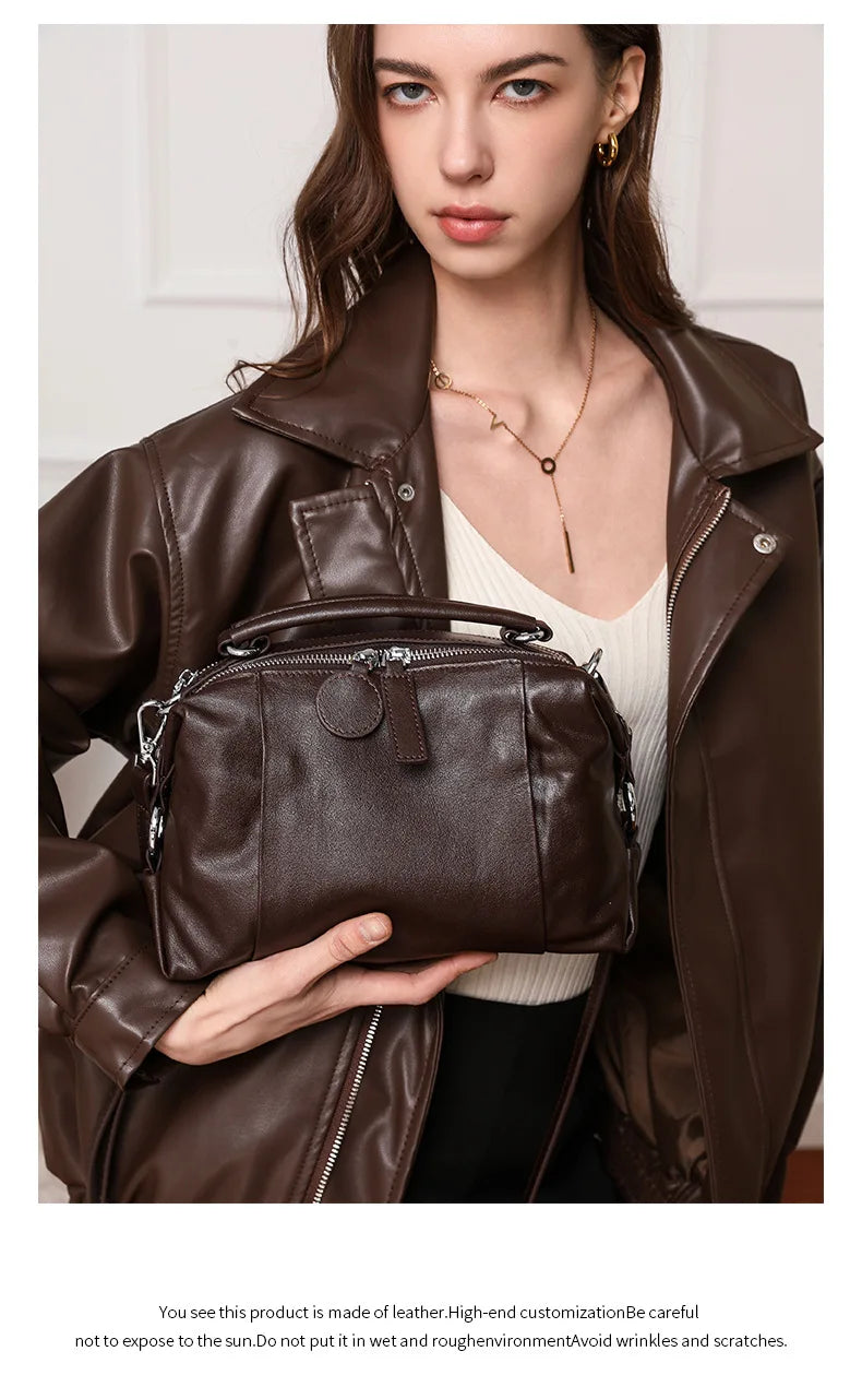 Women's Handbag 2025 New Top Grain Leather Boston Bag Unique Shoulder Crossbody Bag Vintage Commuting Versatile Handheld Tote
