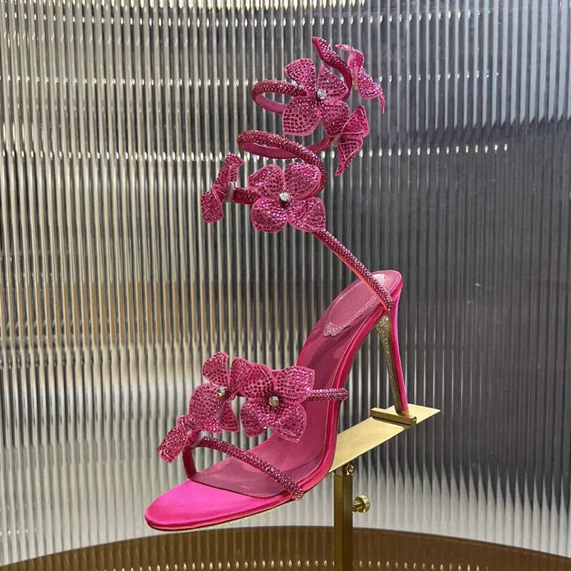 Sandalias Women Rhinestone Flower Decor Dress Shoes Snake Shaped Elastic Strap Thin High Heels Sandals Summer Bridesmaid Shoes
