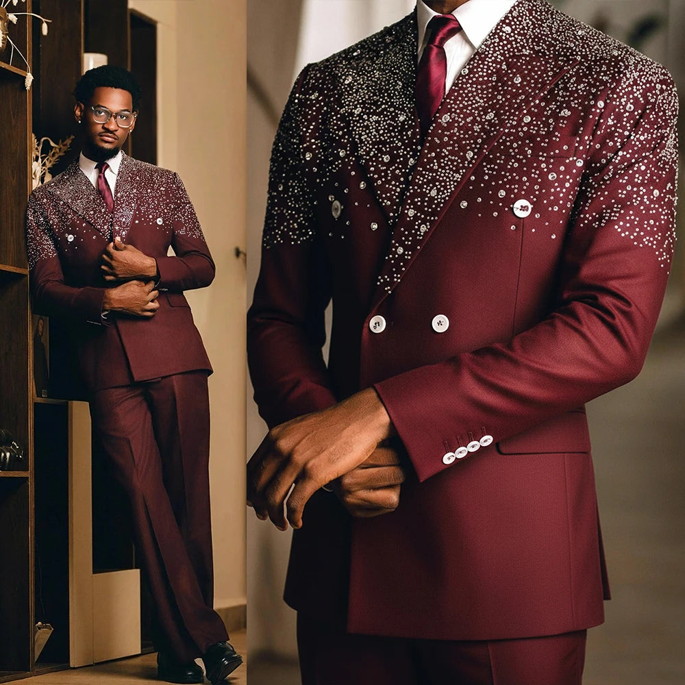 Modern Hot Fix Wedding Suits For Groom Peaked Lapel Double Breasted Tuxedos 2 Pcs Jacket Pants Evening Party Prom Customized