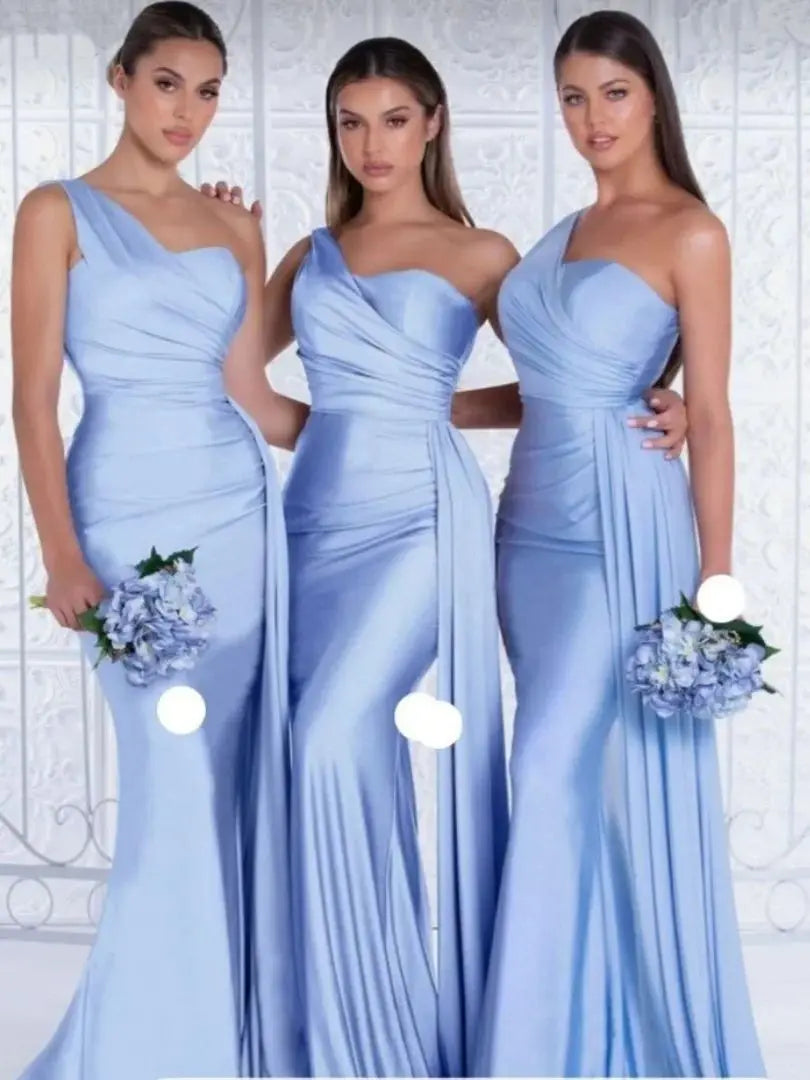 Satin One-Shoulder Bridesmaid Dresses Pleats Backless Sweep Train Formal Dress Elegant Sleeveless Bodycon Wedding Evening Gowns