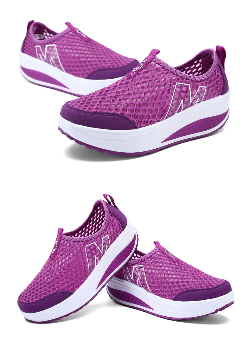 Women Mesh Flat Shoes Sneakers Women Swing Wedge Hollowed Out Slip-on Shoes Women Platform Breathable Lightweigt Vulcanization