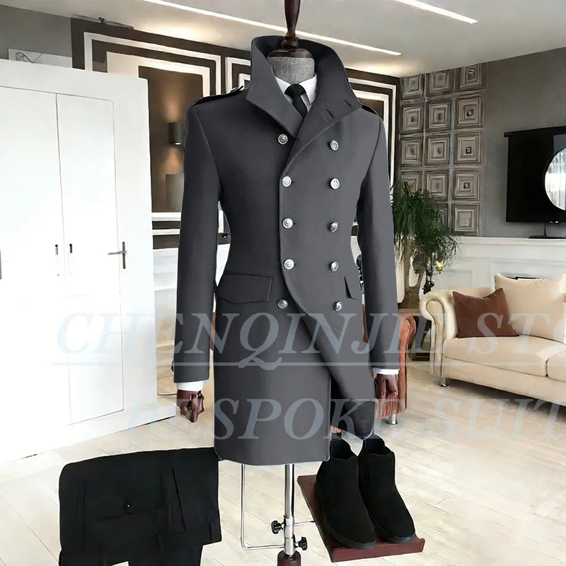 Casual Men's Suits 2 Piece Jacket Pants Grey Double Breasted Stand Lapel Luxury Blazer
