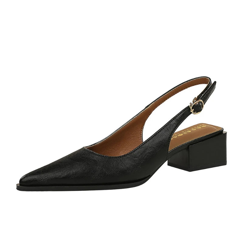 Simple And High-End Women's Shoes With Thick Heels Shallow Mouth Pointed Toe Slim Pedicures With Empty Back Tripping Mid-Heeled