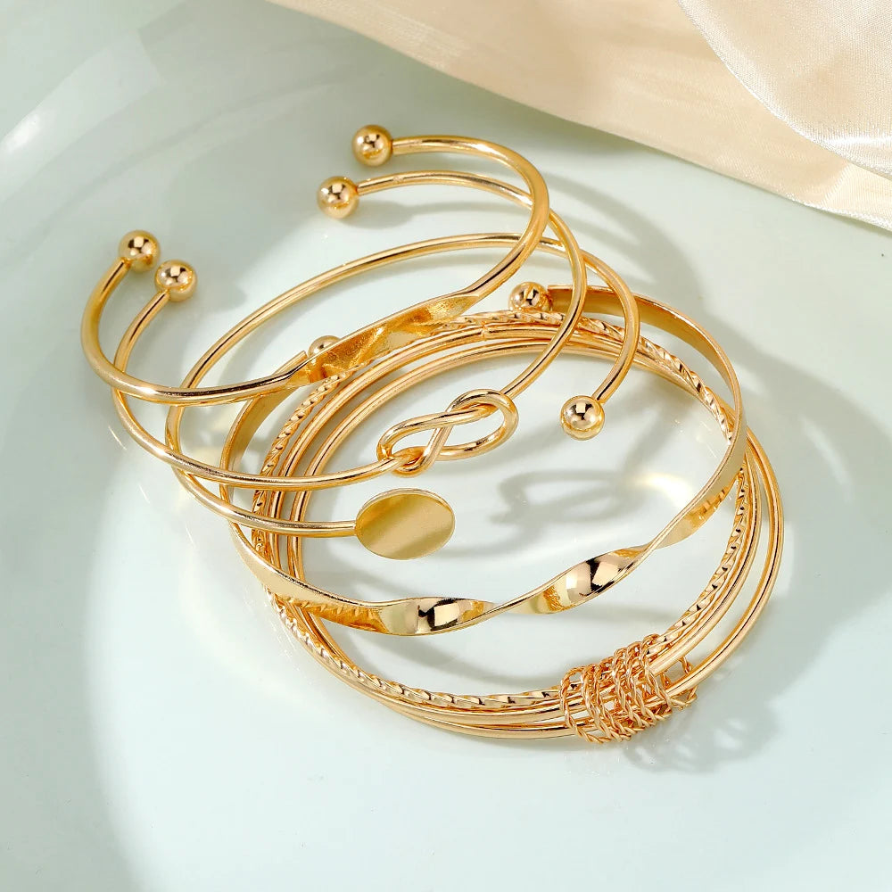 5PCS Set Punk Trendy Multilayer Bangles for Women Elegant Delicate Knots Gold Color Fashion Bangles Jewelry Party Jewelry Set