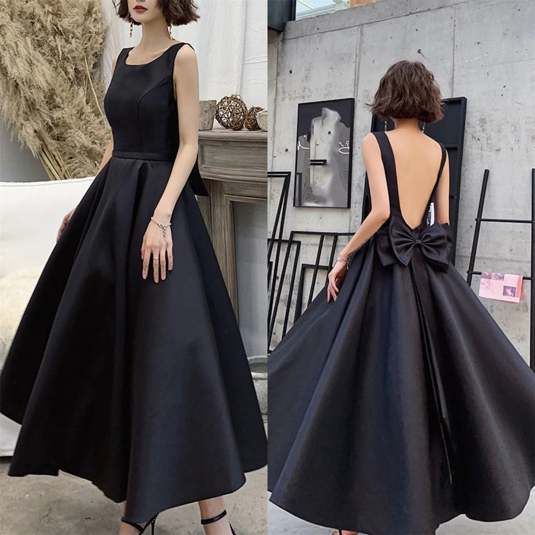 Elegant Black Evening Dress With Bow Satin Spaghetti Straps Backless Maxi Cocktail Dress Simple Plain Women Wedding Party Gown