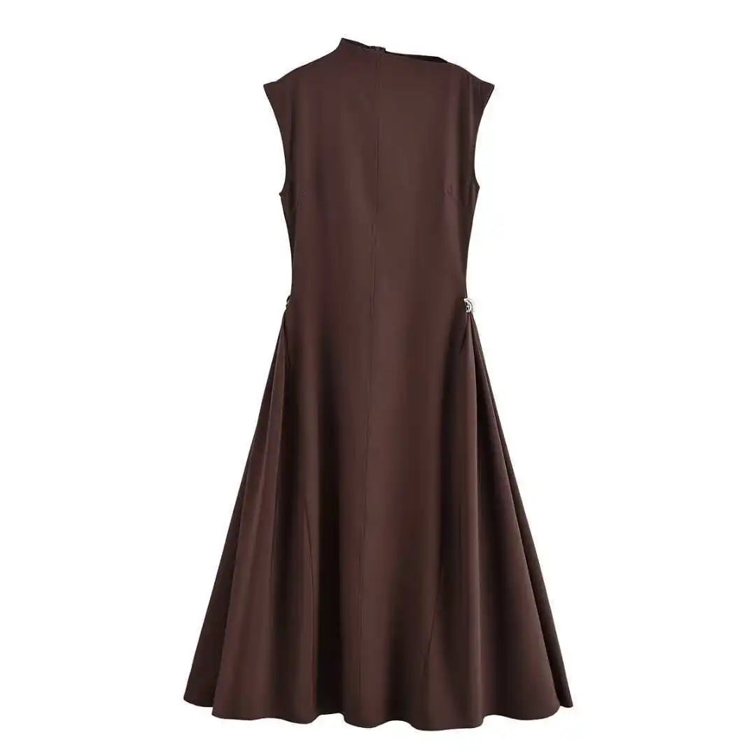 Elegant black long dress women fashion high collar sleeveless pleated dress 2025 spring and summer party ladies evening dress