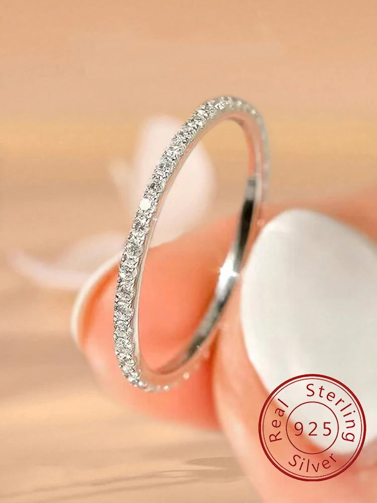 925 Sterling Silver Fashion Shiny 1.4mm Full Zircon Stackable Plain Ring For Women Daily Party Personalized Fine Jewelry