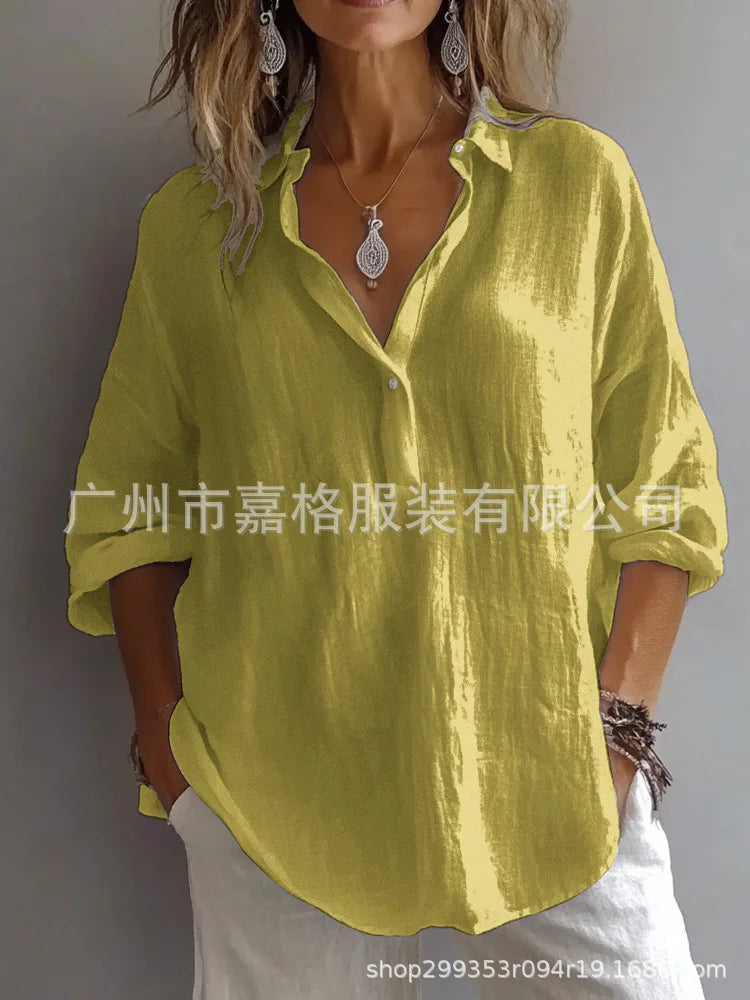 Women Cotton Linen Blouse Long Sleeve Turn Down Collar Solid Color Casual Loose Shirt Summer Breathable Office Lady Tops