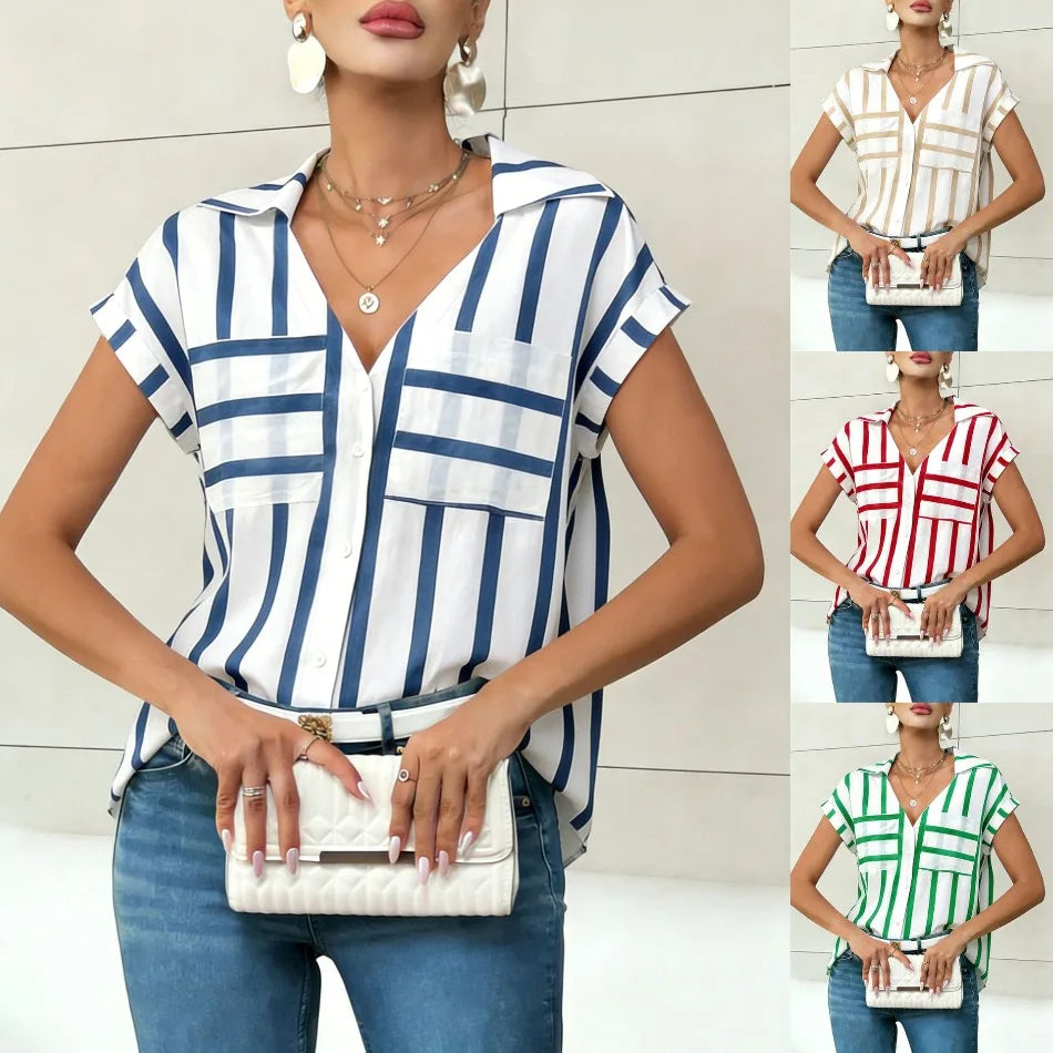 Women's Blouse Shirt Summer Top Navy White Top Vertical Stripe V Neck Short Sleeve Sleek Stylish Daily Shirt Casual Tops