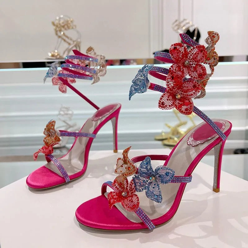 Sandalias Women Rhinestone Flower Decor Dress Shoes Snake Shaped Elastic Strap Thin High Heels Sandals Summer Bridesmaid Shoes