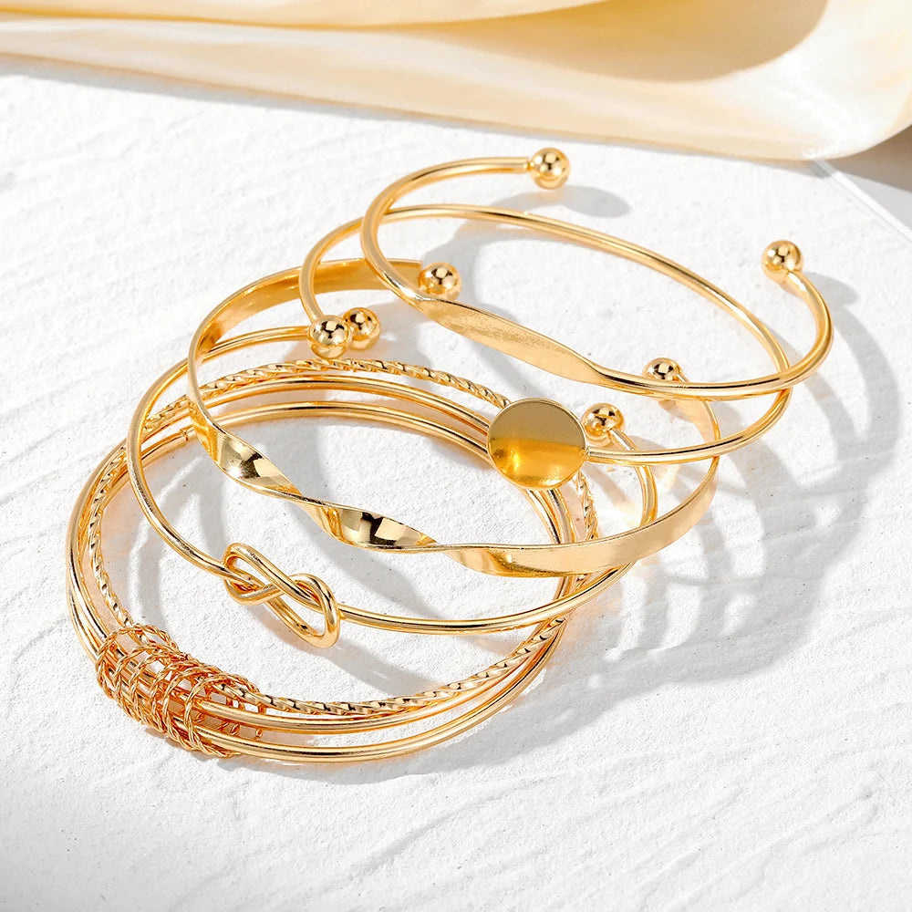 5PCS Set Punk Trendy Multilayer Bangles for Women Elegant Delicate Knots Gold Color Fashion Bangles Jewelry Party Jewelry Set