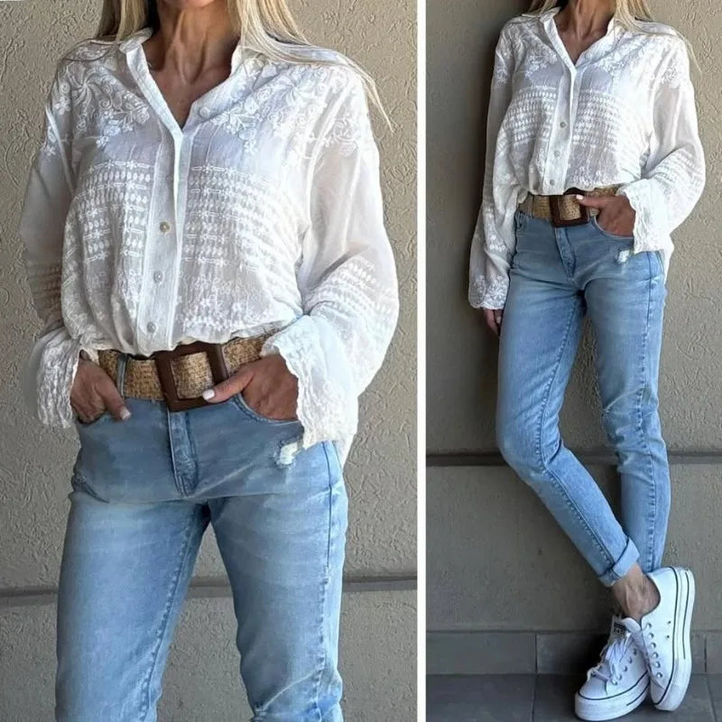 Women's Boho Embroidered Blouse Long Sleeve Button Down Shirt Casual Loose Fit Lace Trim White Cotton Top for Summer Vacation